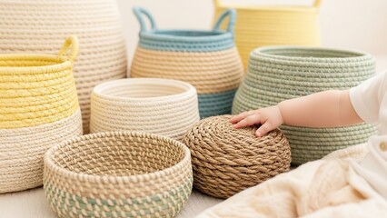Assortment of woven baskets in various sizes and colors with a baby's hand reaching for one basket