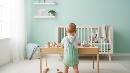 Baby playing with wooden blocks at table in nursery with crib and shelves against mint green wall