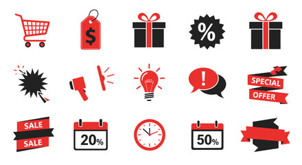Retail Icon Set: A collection of various icons related to sales and retail. The set includes a shopping cart, gift box, percentage sign, price tag, light bulb, speech bubble, and ribbon. 