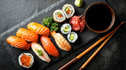 A fresh sushi platter served on a dark slate plate, accompanied by chopsticks and soy sauce.