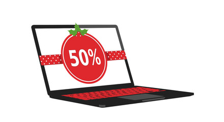 Digital Deal: A laptop screen displays a tempting 50% off promotion, set against a red circular design with a leaf. A visual embodiment of savings and digital marketing
