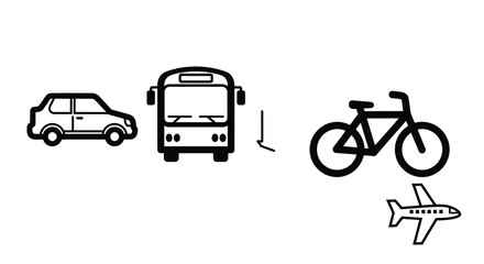 Diverse transportation options including car, bus, bicycle, and airplane