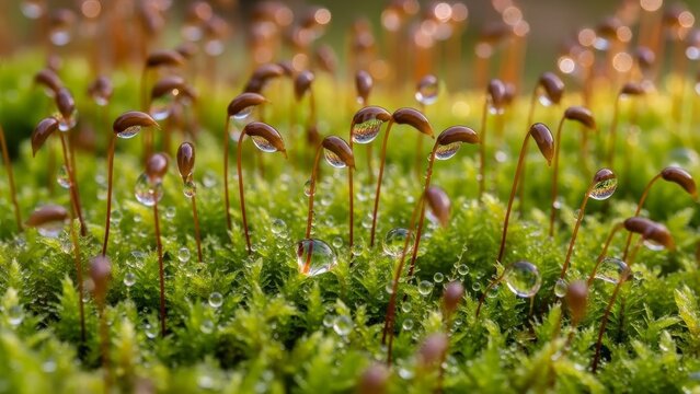 Dewkissed moss thrives water droplets cling to delicate brown stalks in a lush green microlandscape