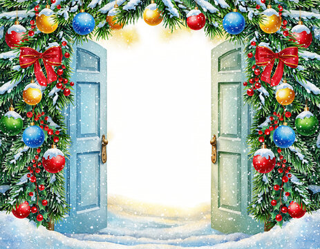 Christmas archway with open doors, decorated with fir branches, colorful ornaments, and snow