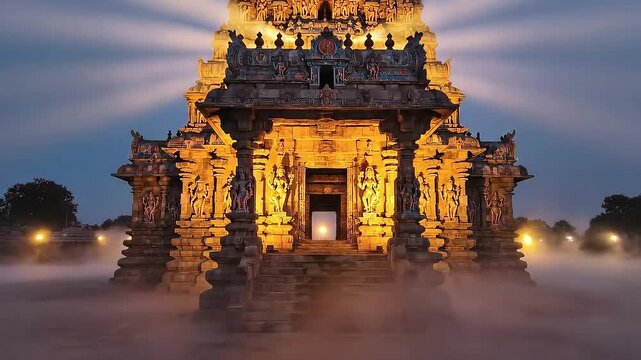 Ancient Hindu Temple Illuminated at Night Rises from Mystical Fog