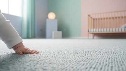 Baby hand touching a textured carpet in a nursery with a crib and soft pastel color scheme wall