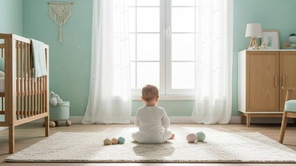 Baby sitting on rug in nursery looking at window with crib and dresser in a bright room setting
