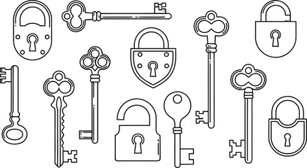 Collection of vintage keys and padlocks, symbolizing security and access in a simple line art style.