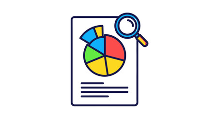 Magnifying glass examines colorful pie chart on document, symbolizing data analysis and research.