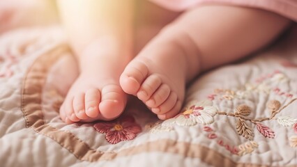 Close up of baby feet resting on a floral patterned quilt in soft light creating a gentle atmosphere
