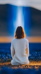 Woman sitting on grass at dusk &mdash; uplight glow, rear view, wildflowers