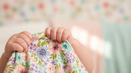 Baby hands holding floral fabric against a floral background in a soft pastel color scheme
