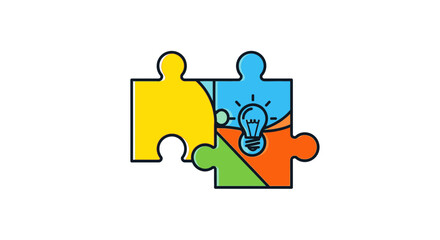 Colorful puzzle pieces coming together to form a bright idea light bulb symbol.