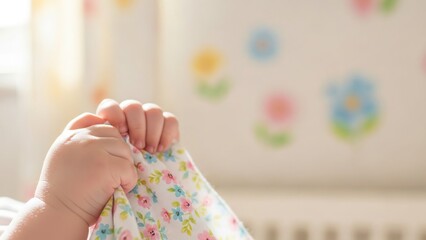 Baby hands clutching floral fabric with soft focus floral wallpaper in the background indoors