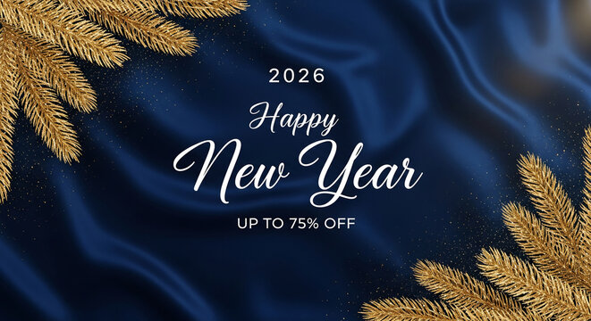 Golden spruce branch on blue fabric background with text "Happy New Year 2026", presenting festive season, holiday celebration, or promotional message - Powered by Adobe