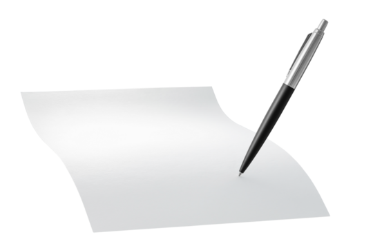 Minimalistic image of a blank sheet of paper with a pen on a transparent background. Concept of signing, writing, planning, creativity, notes, office work, productivity and communication.