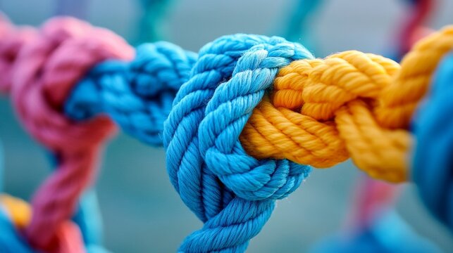 Intertwined multicoloured ropes symbolise unity and team spirit, serving as an expressive backdrop for motivational posters.