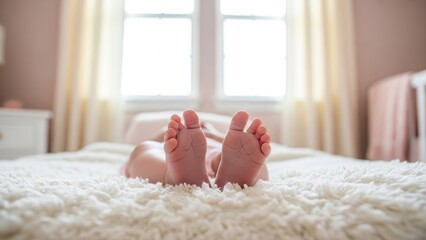 Baby feet sticking up on a white fluffy blanket in a light and airy room with a window behind it