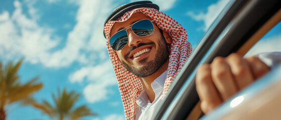 A smiling man wearing sunglasses and traditional clothing, admiring the sky from a car window, conveys the joy of travel — an excellent backdrop for tourist brochures or car rental advertisements.