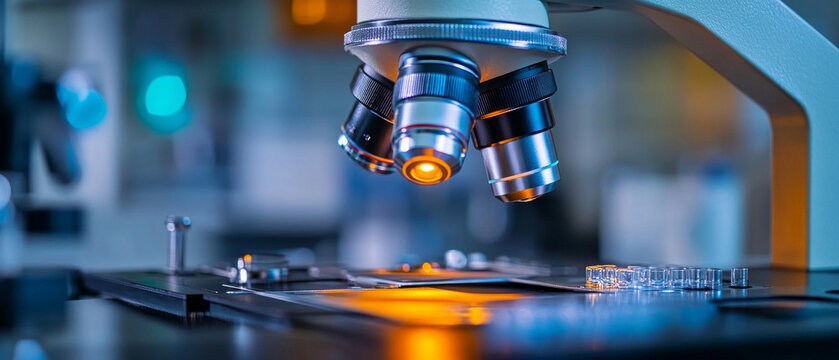 A microscope with bright lighting and samples in the laboratory will highlight scientific achievements and serve as a backdrop for educational materials or medical research.