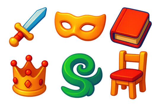 Colorful Marionette Props. 3D icon set of theatrical props for marionettes: miniature sword, mask piece, tiny book, crown prop,