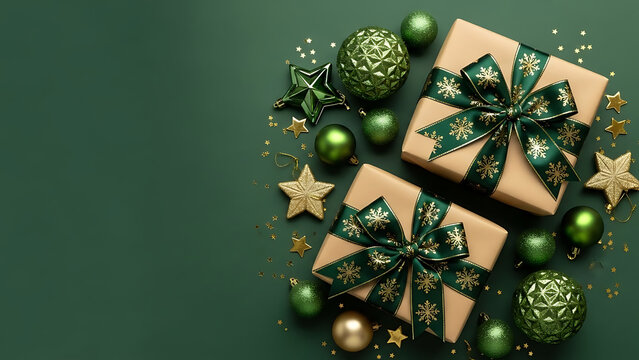Festive Holiday Gifts with Green Ribbons and Decorations on a Green Background