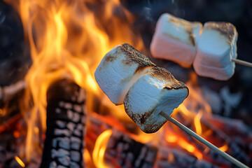Generative AI image of marshmallows roasting over campfire flames during outdoor picnic food preparation in the forest