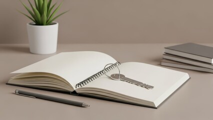 Open spiral notebook with blank pages keys on top pen beside it plant and books in the background on a beige surface