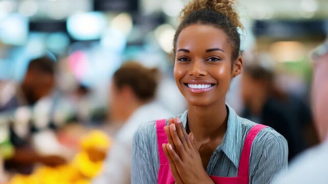 A Joyful Server in a Busy Marketplace, Smiling Brightly, Engaging Customers with Warmth and Enthusiasm, Showcasing Excellent Hospitality and a Positive Atmosphere