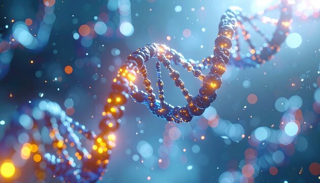 Epigenetic Molecular Research: DNA helixes with glowing methyl groups in sterile laboratory environment
