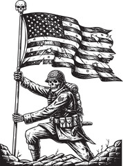 Fototapeta premium Undead Soldier Holding American Flag in Battlefield Black and White Patriotic Illustration of Courage and Sacrifice