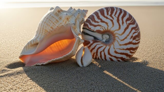 Seashells on sand A large conch shell a nautilus and a small white shell sit on a sandy beach in warm light
