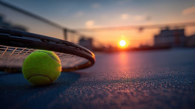 Tennis ball rests on court surface with sunset in background.
