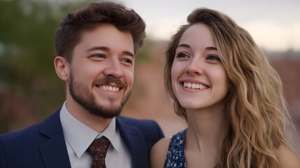 A happy couple shares a joyful moment outdoors their faces lit by soft daylight radiating connection and optimism