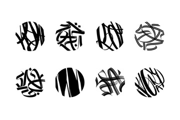 A set of abstract calligraphy elements featuring circular compositions on a transparent background. Modern decorative textures suitable for design, branding, patterns, and various graphic projects.