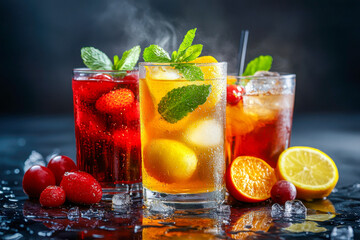 Colorful drinks are served in glasses with fresh fruits and ice, perfect for summer enjoyment at a social gathering
