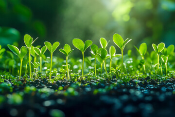 Bright green seedlings emerge from dark soil, bathed in gentle sunlight, showcasing new growth in a lush garden environment