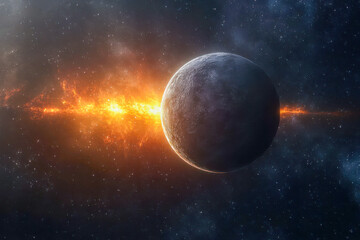 A distant planet glows brightly as flames dramatically burst around it in the vastness of outer space, creating a stunning visual contrast