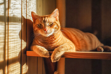 Relaxed orange cat enjoys a warm and sunny spot on a wooden shelf, resting peacefully in a bright indoor environment