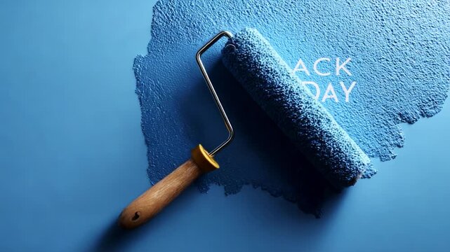 A vibrant blue paint roller resting on a smooth blue surface, revealing the text 'Black Friday', showcasing a creative and promotional concept linked to seasonal sales and deals.
