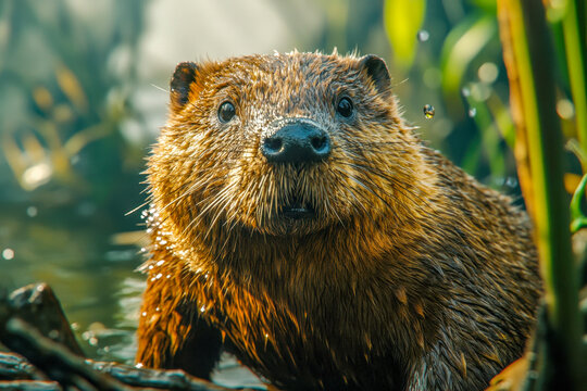 A beaver splashes in clear water, surrounded by vibrant plants, enjoying a sunny day in its natural wetland habitat