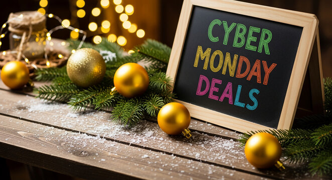 Wooden frame with Cyber Monday inscription, gold ornament, fir branch, and bokeh light on table with snow, symbolizing festive sales promotion
