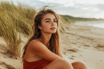 A thoughtful young woman sits on the beach, gazing into the distance as the sun sets, with tall grass swaying around her