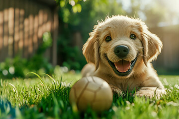 A joyful golden retriever puppy lies in green grass, engaging with a soccer ball in a sunny backyard, enjoying the warmth of the day