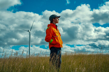 A wind turbine operator stands in a grassy field, wearing an orange jacket, admiring the blue sky and fluffy clouds on a sunny day