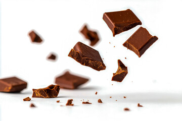 Chocolate pieces are scattered in mid-air, creating a playful and enticing display that highlights their rich texture and color