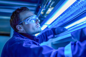 A technician wearing safety goggles and gloves carefully installs equipment under bright blue lights in a workshop