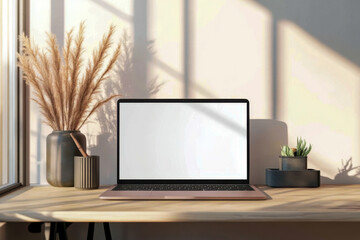 A sleek laptop sits on a wooden desk beside stylish plants and a vase, illuminated by soft sunlight streaming through a window