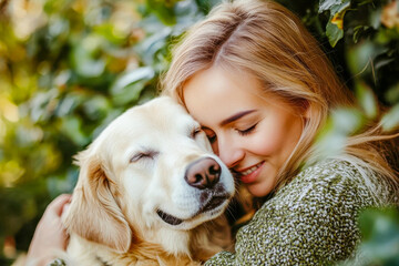 A golden retriever happily cuddles with a young woman, both smiling in a green garden filled with soft foliage and warmth