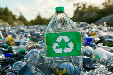 A large plastic bottle with a recycling symbol stands out among a pile of various discarded plastic containers and debris at dusk